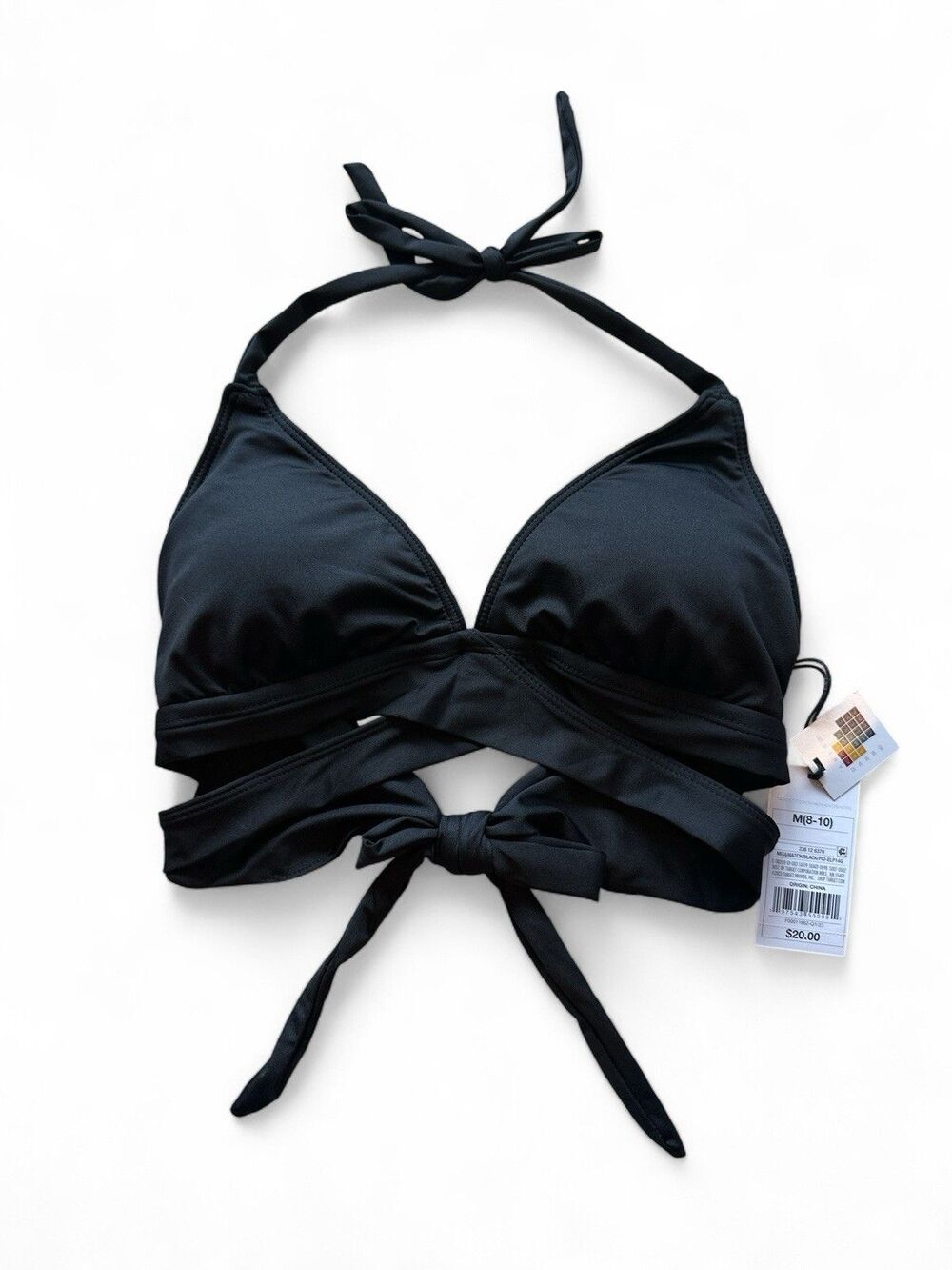 NWT Shade & Shore Women's M Black Triangle Bralette Faux Wrap Halter Bikini Top